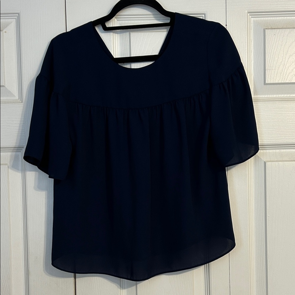 ANN TAYLOR Small Petite Navy Blue Semi Sheer Crewneck Short Sleeve Blouse Top